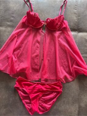 Victoria's Secret Hot Pink Sheer Lace Babydoll & Bikini Set